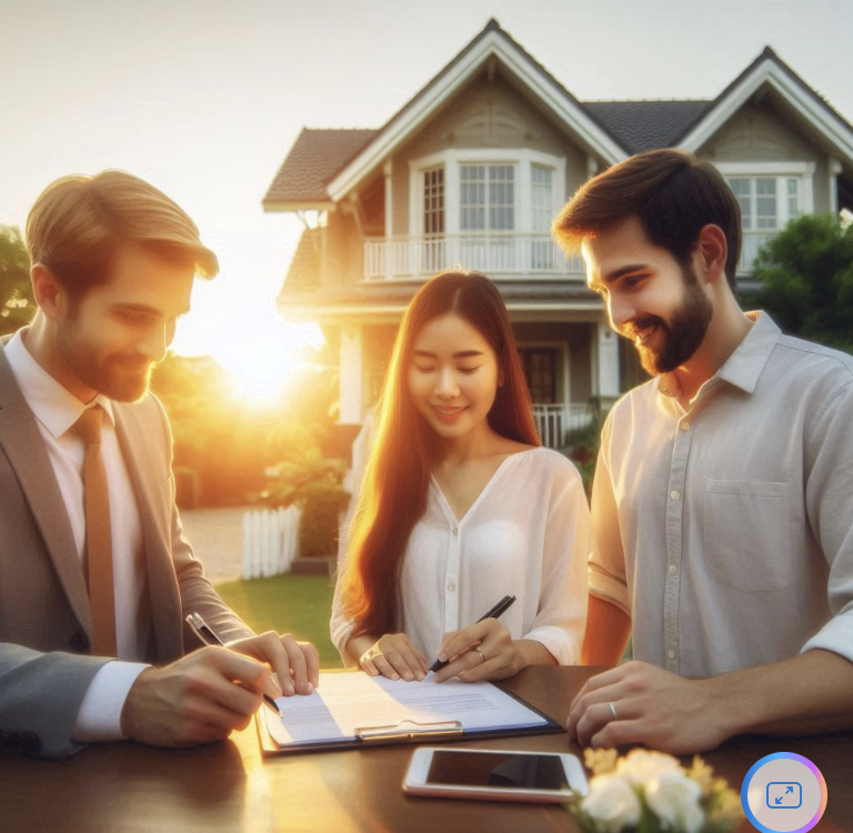 three people signing a document in front of a house